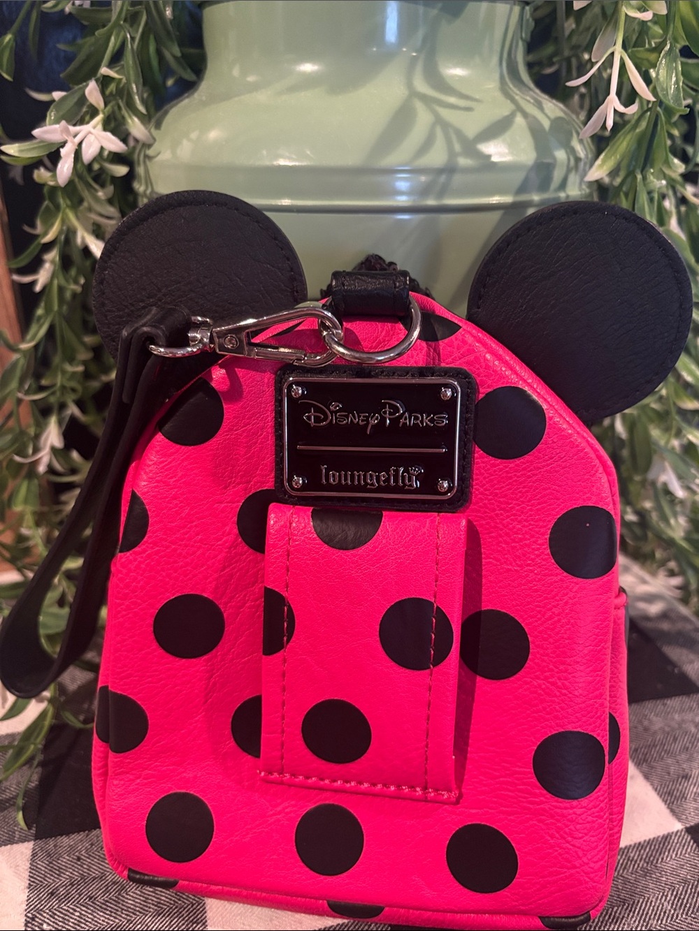 Loungefly Pink and Black Polka Dot Minnie Ear Mini Backpack - Picture 3 of 5
